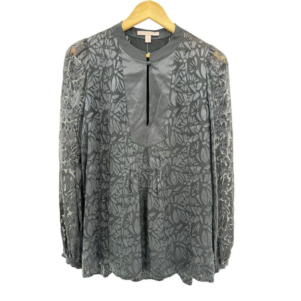 Rebecca Taylor Women's Long Sleeves Floral Blouse Size 6 Sheer Lined Grey Button